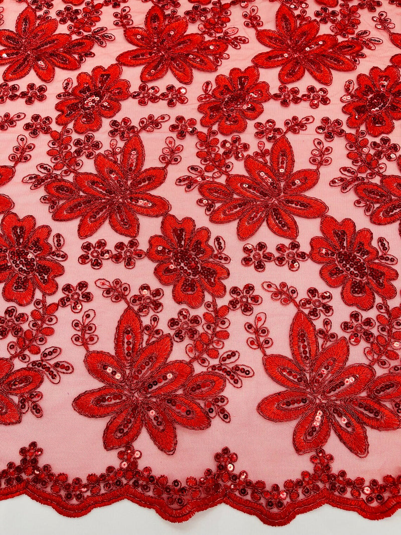 Metallic Floral Lace Fabric - Red - Hologram Sequins Floral Metallic Thread Fabric by Yard