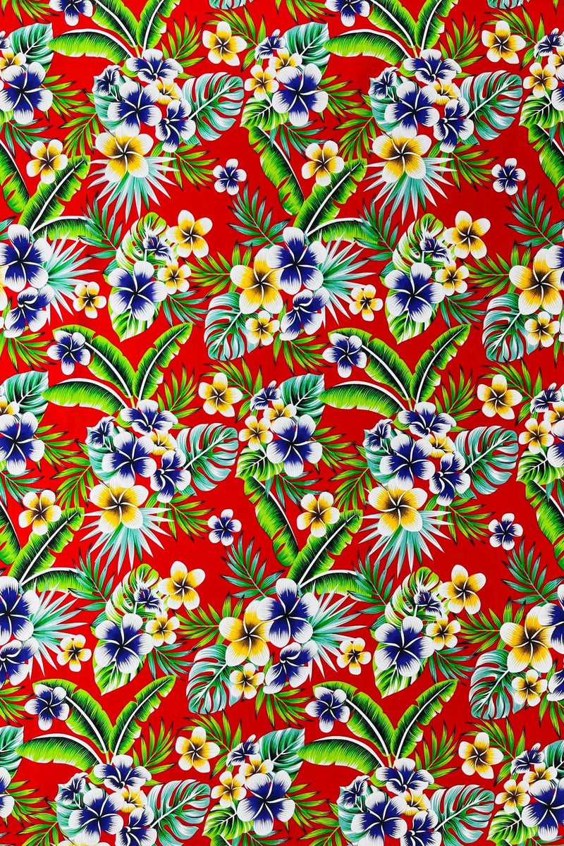 Hawaiian Floral Print Fabric - Red - 45" Plumeria Tropical Flower Cotton Fabric by Yard