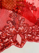King Damask Lace Fabric - Red - Corded Embroidery with Sequins on Mesh Lace Fabric By Yard