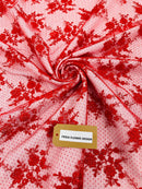Floral Cluster Corded Fabric - Red - Fancy Flower Embroidery Lace Mesh Fabric By Yard
