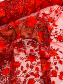 30 Yards 3D Glitter Floral Fabric - Red - Glitter Sequin Flower Design on Lace Mesh Fabric