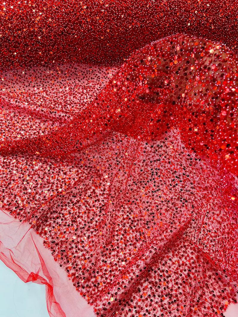 Beaded Sequins Pearl Fabric - Red - Embroidered Pearl Beads and Sequins on Lace By Yard