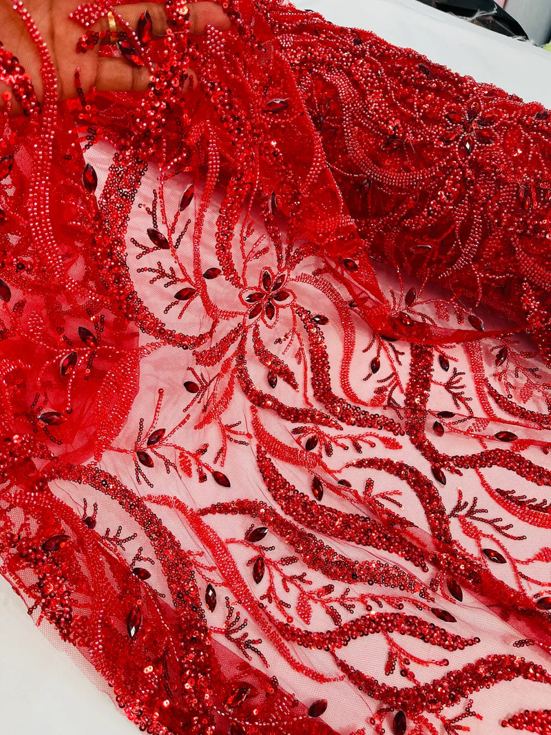 Floral & Leaf Pattern Bead Fabric - Red - Embroidered Beaded Rhinestone on a Mesh, Sold By Yard