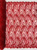 Flower Lines Bead Fabric - Red - Beaded Flower Fabric with Curled Long Lines Pattern By Yard