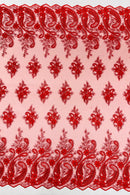 Metallic Paisley Floral Lace - Red - Corded Floral Lace with Metallic Thread on Mesh By Yard