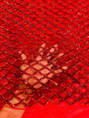 Diamond Net Sequins Fabric - Red - Geometric Diamond Net Design on Mesh Lace Fabric By Yard