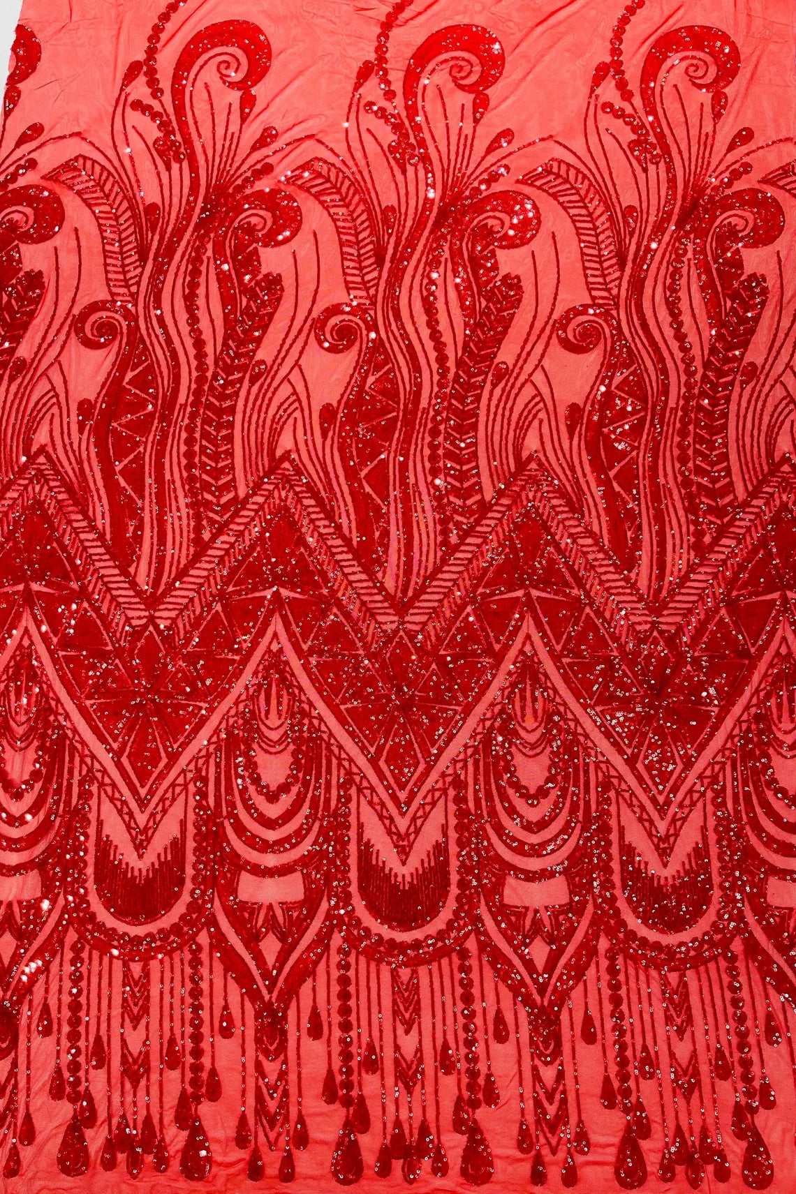 Zig Zag Tear Drop Sequins - Red - Embroidered Zig Zag Sequins 4 Way St