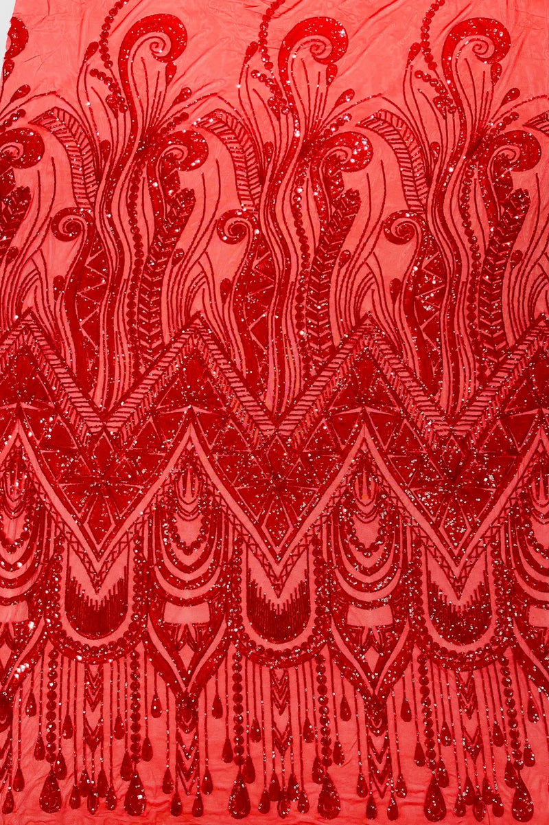 Zig Zag Tear Drop Sequins - Red - Embroidered Zig Zag Sequins 4 Way Stretch By Yard