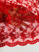 Metallic Floral Butterfly Fabric - Red - Embroidered Floral Butterfly Design Mesh Fabric by Yard