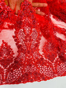 Beaded Floral Fabric - Red - Luxury Bridal Floral Pattern Fabric With Beads, Sequins Sold By Yard