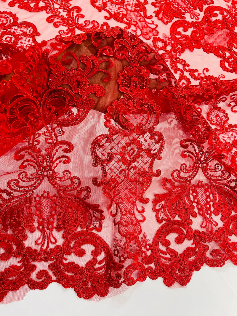 King Lace Design Fabric - Red - King Design with Sequins Embroidered On Mesh By Yard