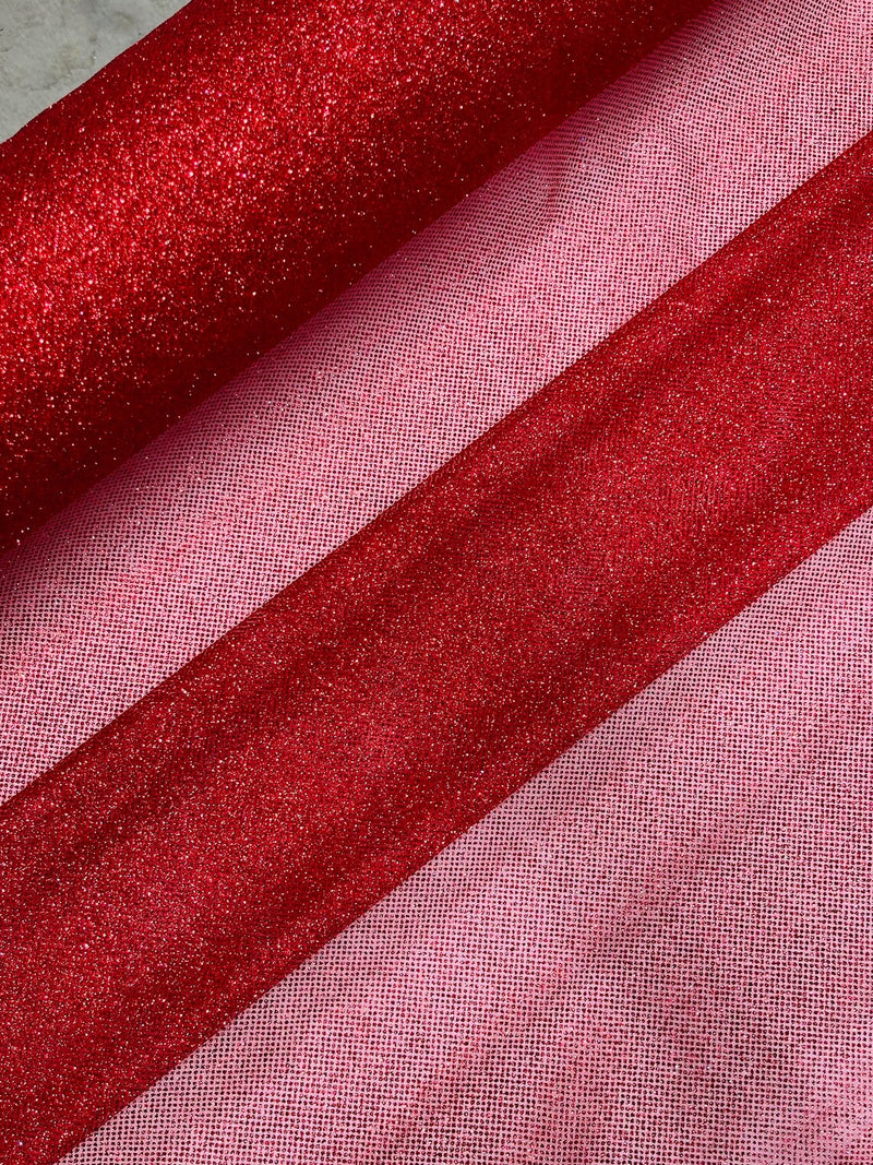 Glitter Lace Mesh Fabric - Red - Shimmer Glitter Dot Design on Mesh Lace By Yard