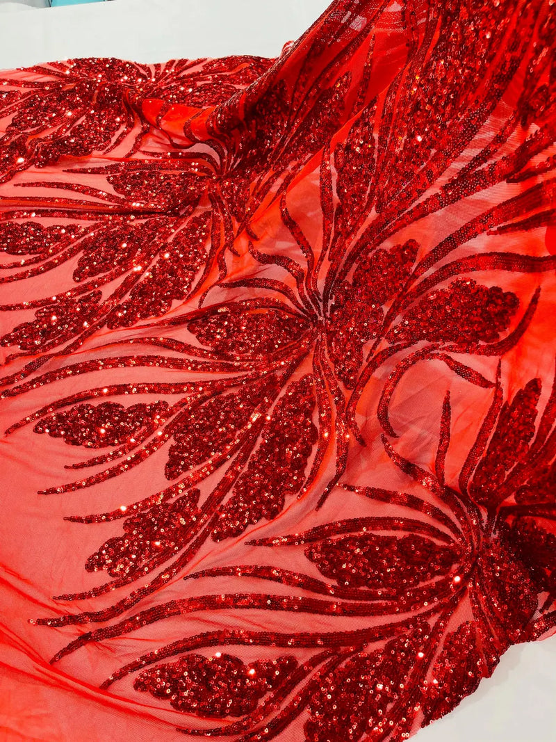 Wavy Leaf Design Fabric - Red - 4 Way Stretch Sequins Lace Mesh Leaf Design Fabric by Yard