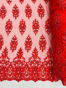 Embroidered Bead Fabric - Red - Floral Damask Bead Bridal Lace Fabric by the yard