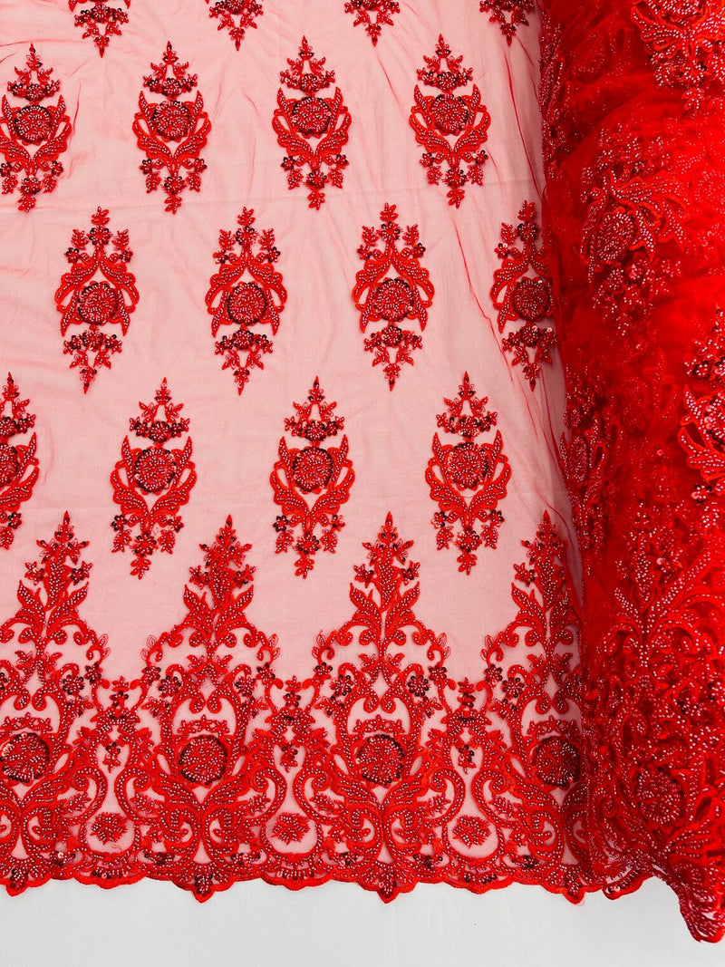 Embroidered Bead Fabric - Red - Floral Damask Bead Bridal Lace Fabric by the yard