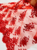 Damask Flower Lace Fabric - Red - Damask Flowers Embroidered on Lace Fabric By Yard