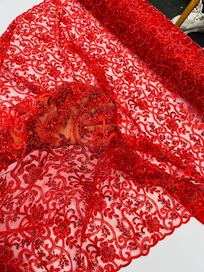 Embroidery Beaded Fabric - Red - Beaded Floral Bridal Embroidery Fabric Sold by the yard