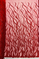 Flaming Fire Design Bead Fabric - Red - Beaded Embroidered Fabric By Yard
