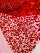 Floral Plant Bead Design - Red - Beaded Flower Plants Embroidered  Sequins Fabric By Yard