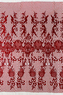 Damask Diamond Net Lace Fabric - Red - Damask Design Embroidered on Lace Mesh Fabric by Yard