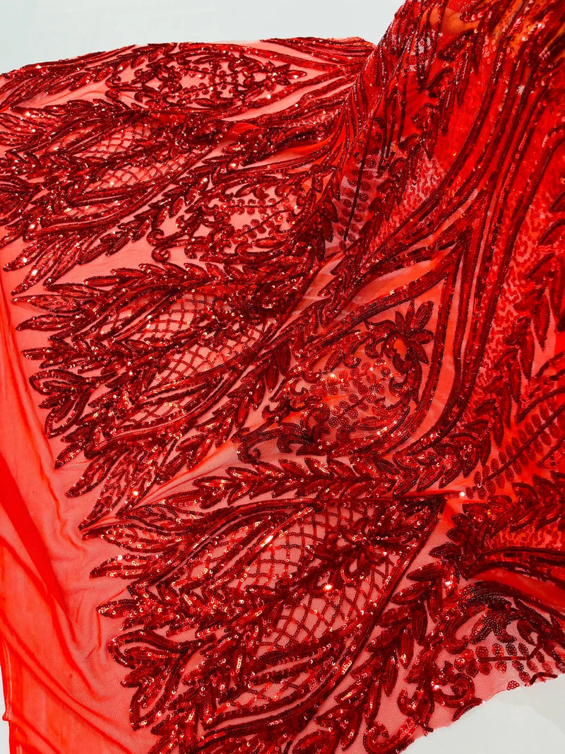 Mermaid Design Fabric - Red - 4 Way Stretch Sequins Fabric on Lace Mesh Sold By Yard