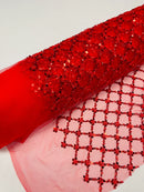 Diamond Net Bead Fabric - Red - Geometric Embroidery Beaded Sequins Fabric Sold By The Yard