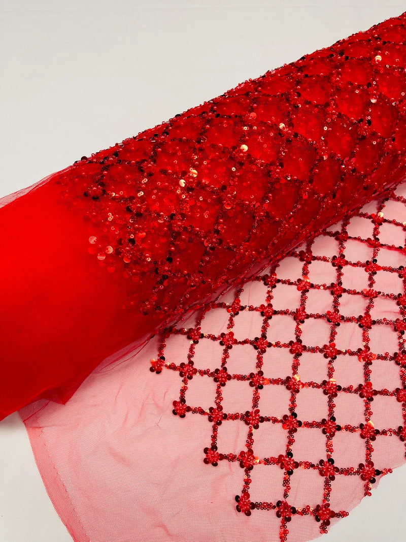 Diamond Net Bead Fabric - Red - Geometric Embroidery Beaded Sequins Fabric Sold By The Yard