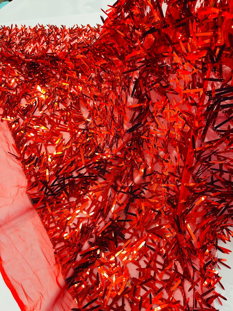 Sword Shaped Sequins - Red - Hanging Solid Sequins On Mesh Fabric By Yard