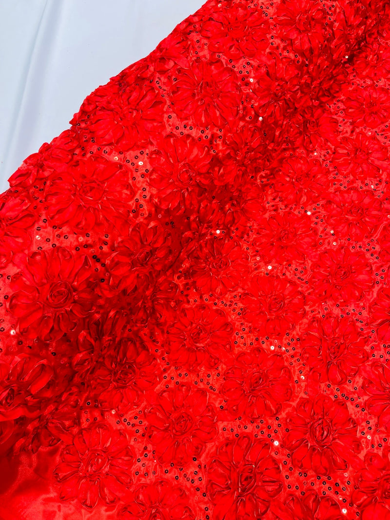 Sequins Satin Rosette Fabric - Red - 3D Satin Rose Sequins Floral Fabric Sold By The Yard