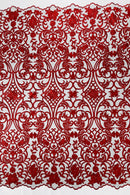 Damask Fancy Design - Red - Embroidered Black Mesh Damask Design Lace Fabric Sold by Yard