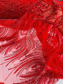 Beaded Line Fabric -  Red - Luxury Bridal Line Pattern Fabric With Beads, Sequins Sold By Yard