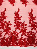 Rose Beaded Sequin Fabric - Red - Embroidered Floral Pattern with Beads and Sequins By Yard