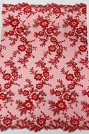 Floral Two Tone Lace Fabric - Red - Sequins Embroidery Floral Lace Fabric Sold By Yard