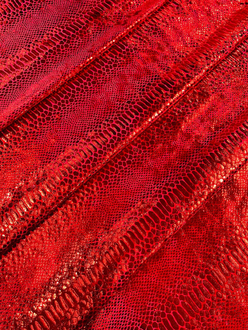 Anaconda Foil Velvet - Red - Shiny Foil Velvet Anaconda Snake Print Fabric Sold By The Yard