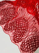 Beaded Embroidered Fabric - Red - Embroidered Heart and Feather Pattern Fabric Sold By Yard