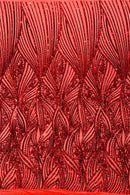 Curvy Design Sequins Fabric - Red - 4 Way Stretch Curvy Sequins Design Mesh Fabric by Yard