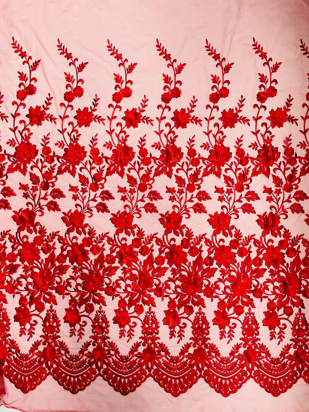 3D Scalloped Floral Fabric Red Embroidered Floral Design on Lace S