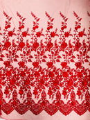 3D Scalloped Floral Fabric - Red - Embroidered Floral Design on Lace Sold By Yard