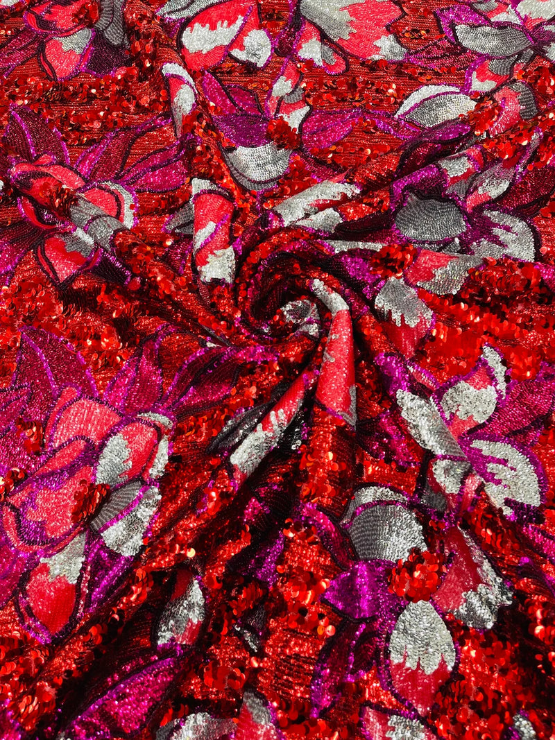 Orchid Flower Sequins Design - Red - Embroidered 4 Way Stretch Full Of Sequins Fabric Sold By Yard