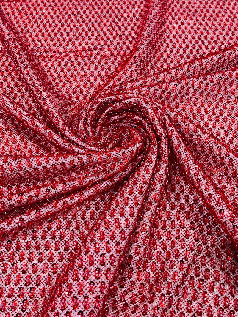 Glitter Tulle Bead Fabrics - Red - 60" Wide Shiny Glitter Mesh Fabric Sold By The Yard