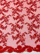 Sequin Lace Floral Fabric - Red - Flower Embroidered Sequins Lace Fabric Sold By Yard