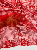 Flower Metallic Lace Fabric - Red - Corded Floral Sequins Design Fabric Embroidered on Lace by Yard
