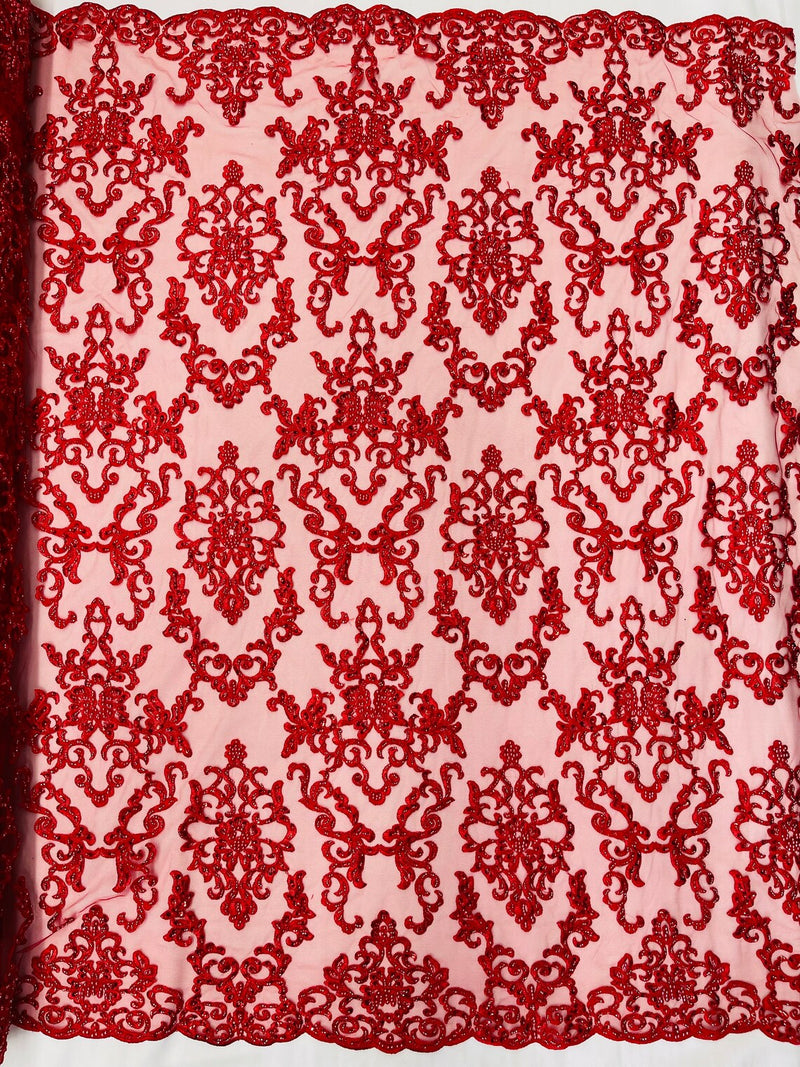 Beaded Butterfly Pattern Fabric - Red - Damask Fancy Bead Sequins Fabric Sold by Yard