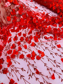 3D Glitter Floral Fabric - Red - Floral Line Glitter Designs on Mesh Fabric Sold By Yard