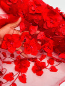 3D Orquidia Floral Lace - Red - Beautiful Orchid Flower Fabric on Mesh by Yard