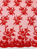 Floral Cluster Corded Fabric - Red - Fancy Flower Embroidery Lace Mesh Fabric By Yard