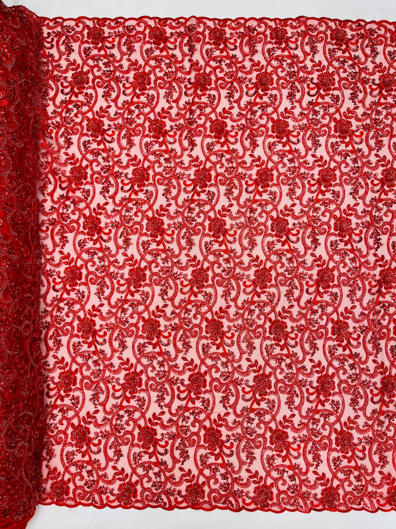 Embroidery Beaded Fabric - Red - Beaded Floral Bridal Embroidery Fabric Sold by the yard