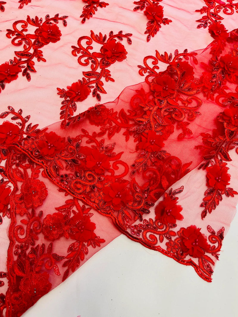 3D Floral Cluster with Border Lace - Red - Flower with Leaves Design 3D Fabrics Sold By Yard
