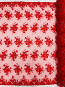 3D Flower Pearl Design - Red - Embroidered Sequins Floral Clusters Lace Fabric By Yard