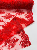 Beaded Sequins Floral Fabric - Red - Embroidered Beaded Floral Clusters Sequins Fabric By Yard